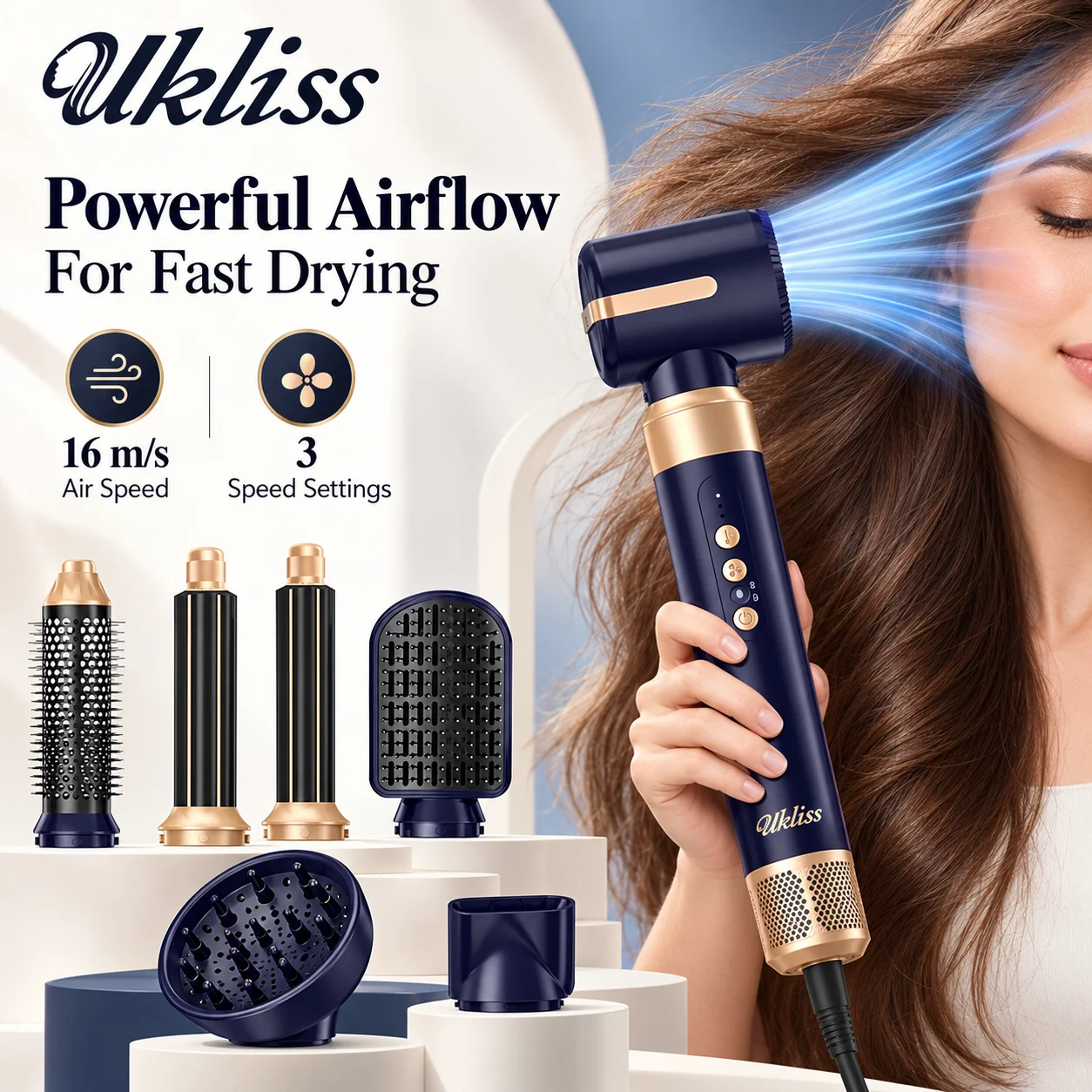 Ukliss Blue High-Speed Hair Dryer 1000W Negative Ion Seven-In-One Function Fast Drying Professional Salon Quality Hair Care