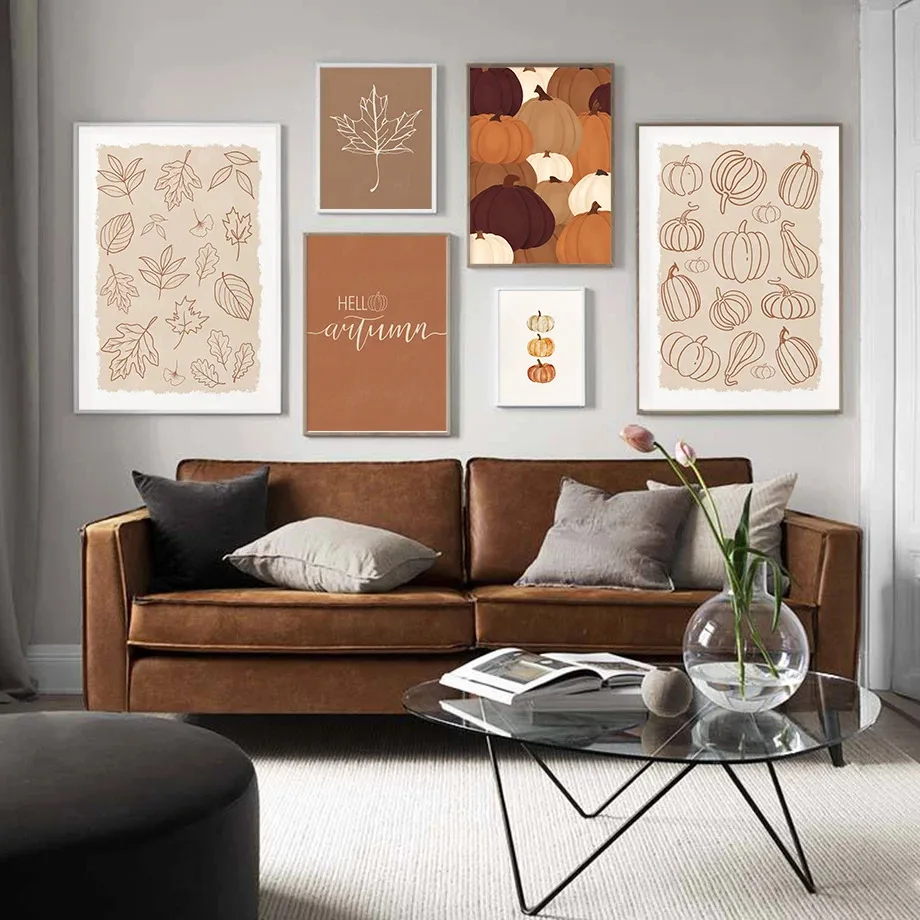 Rustic Hello Autumn Poster Fall Leaf Minimalist Fall Set Pumpkin Prints Canvas Painting Wall Art Pictures Living Room Home De