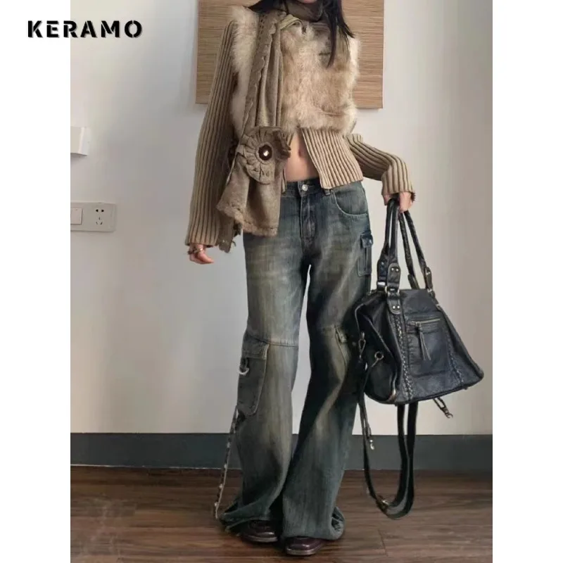 Women\'s Retro Wide Leg Baggy Casual Denim Trouser Harajuku Vintage Solid Color High Waist Loose Jeans 2024 Spring Belted Pants