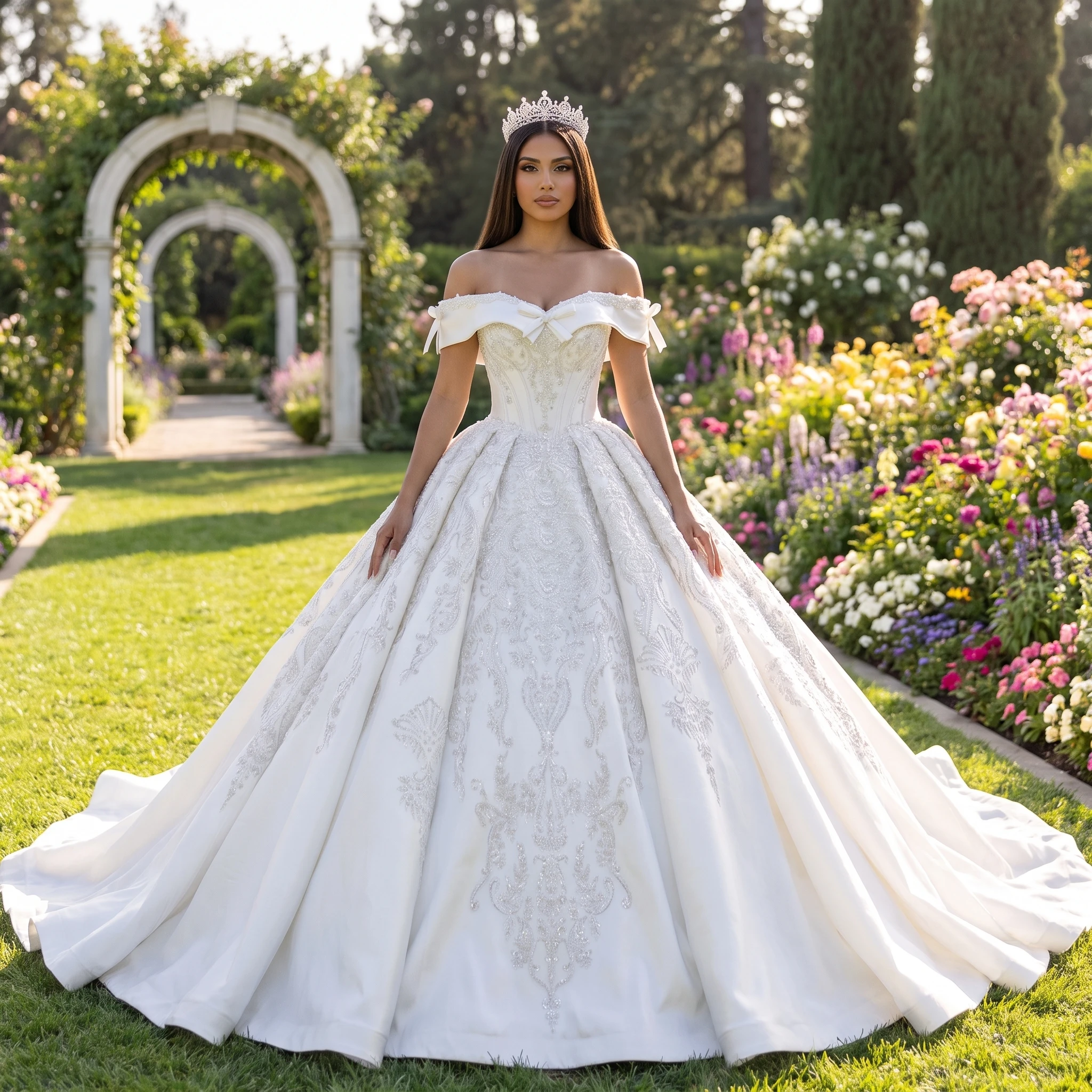 Wedding Dress Short Sleeves Bride Gown Boat Neck Satin Ball Gown Customized Lace Up Back Court Train Princess Vestido de Noiva