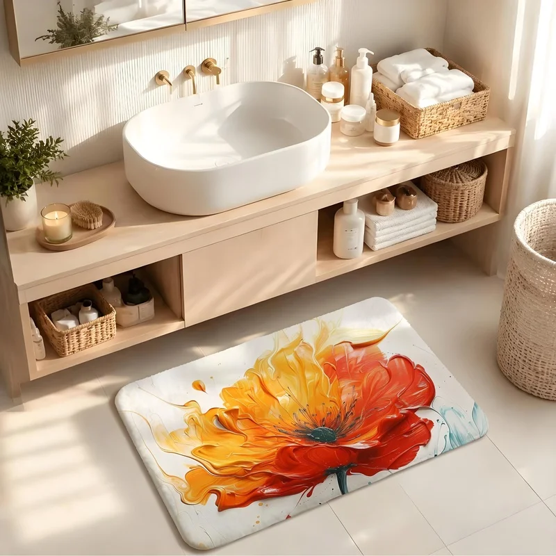 Bath Mat Flannel Sponge Mat Abstract Poppy Flower Art For Bathroom Bedroom Home Floor