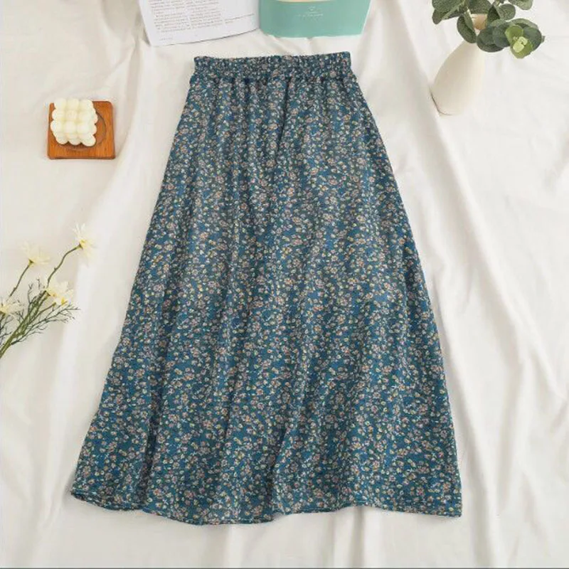 2026 New Korean Retro Floral Midi Skirts for Women Spring Summer Elegant High Waist Casual Mid Length Women's Skirts