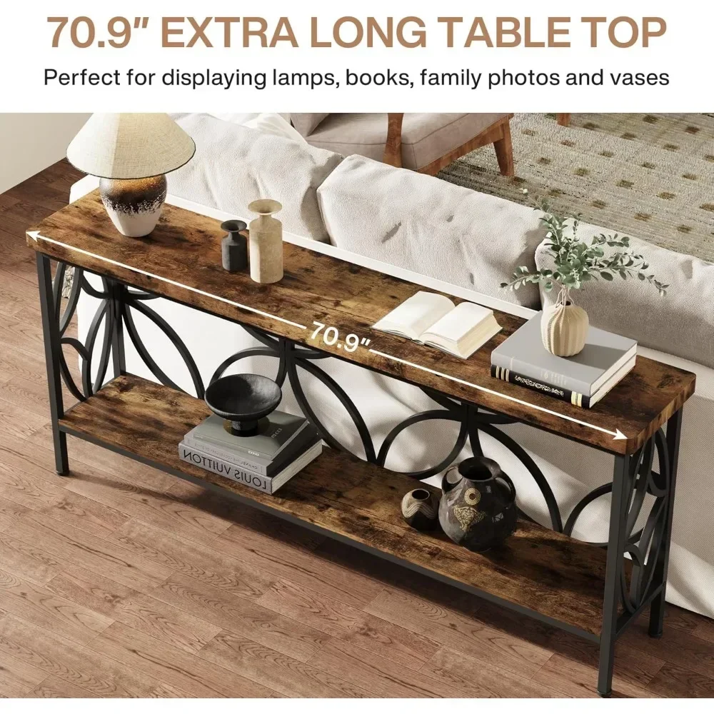 Industrial Long Sofa Table Behind Couch, 70.9-Inch Narrow Sofa Table, Entry Console Table with Storage for Entryway, Living Room