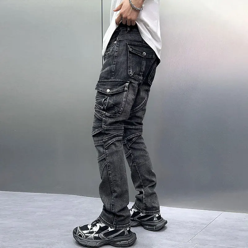 High Street Fashion Men Jeans Retro Black Gray Stretch Slim Fit Spliced Biker Jeans Multi Pockets Hip Hop Denim Pants Men Flares