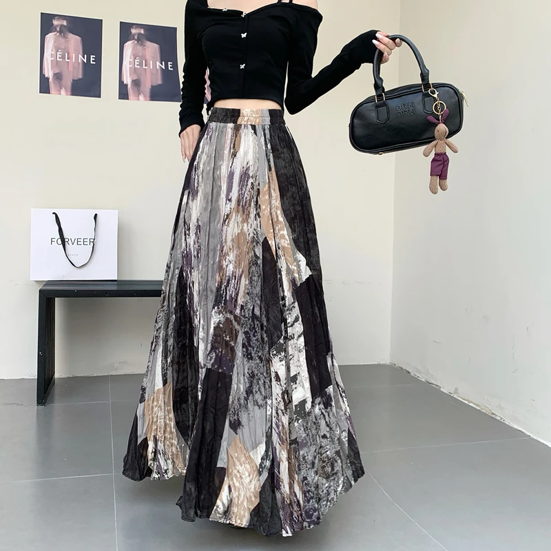 

Женская юбка-миди с принтом, высокой талией, А-силуэтом, из полиэстера, с плиссировкой, для повседневной носки