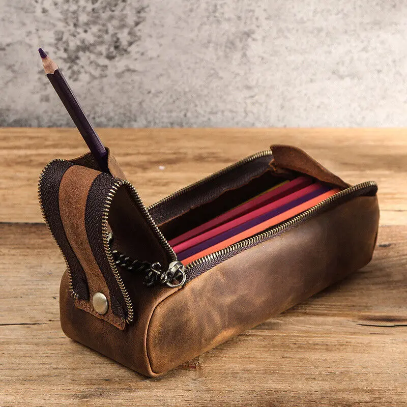 Genuine Leather Pencil Bag Vintage Double Zipper Pen Case Cowhide Storage Pouch Simple Stationery Holde School Supplies