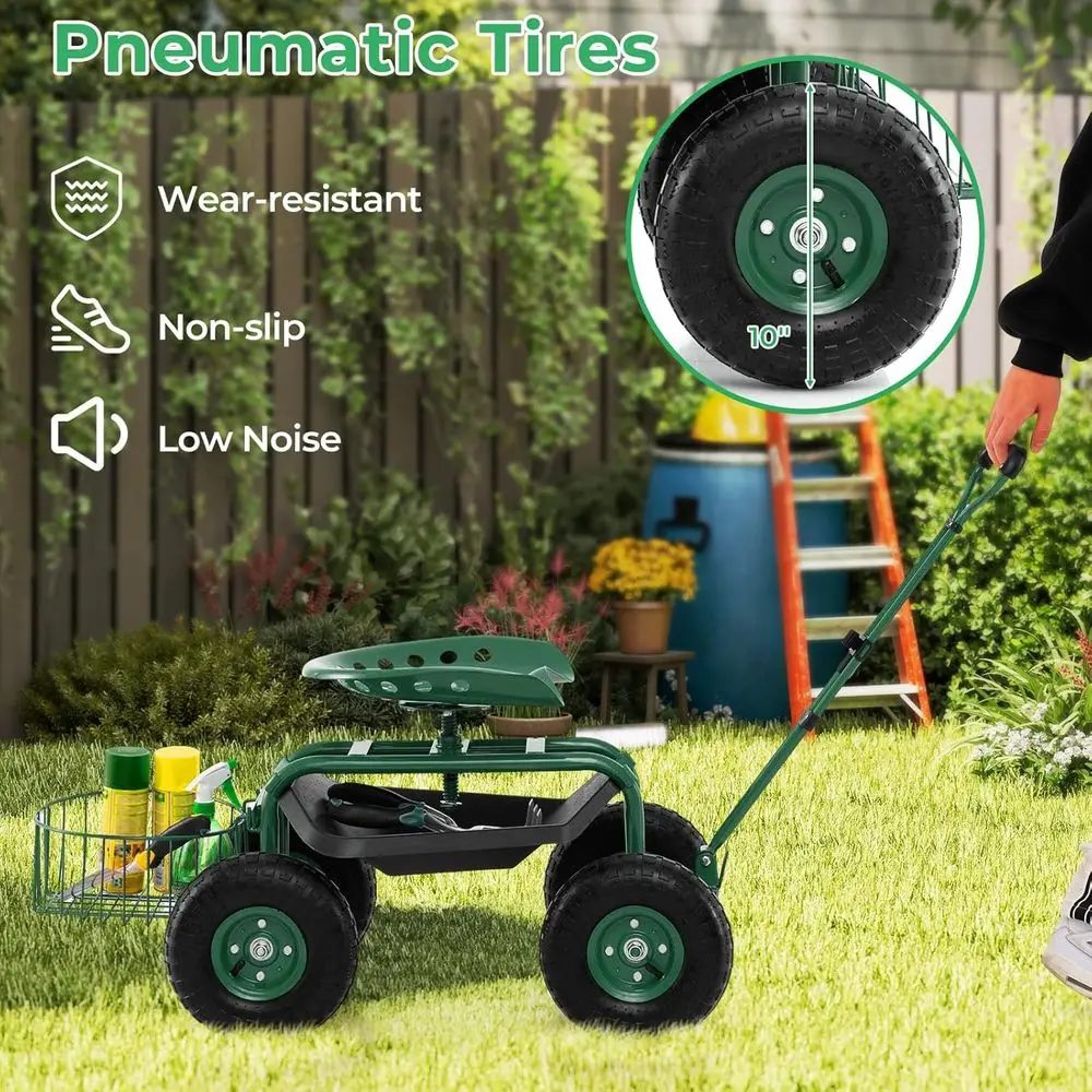 Gerobak Kebun dengan Ketinggian yang Dapat Disesuaikan dan Putaran 360 Derajat °   Kursi Putar, Keranjang Penyimpanan, dan Pegangan yang Dapat Diperpanjang untuk Berkebun yang Serbaguna
