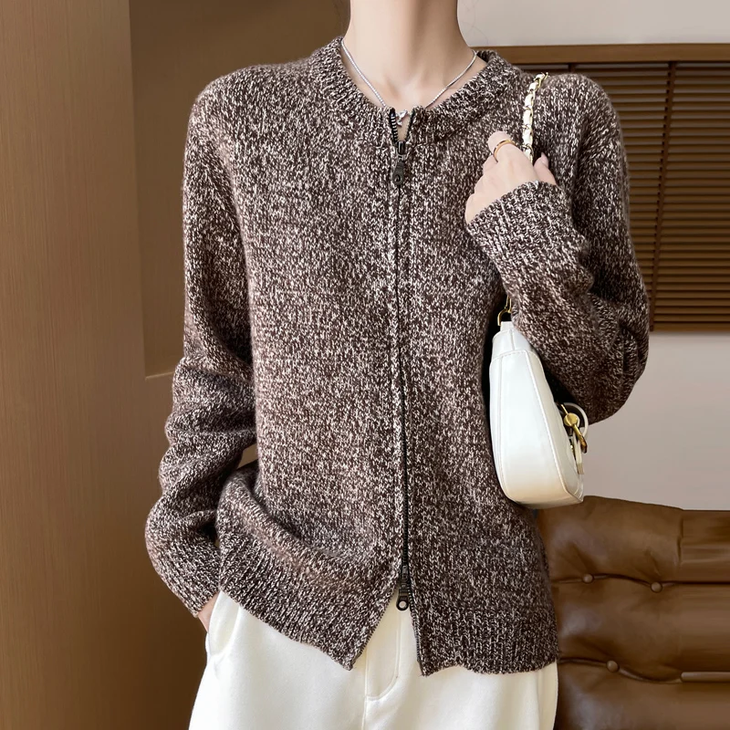 24 autumn and winter new women\'s zipper cardigan 100% merino wool sweater O-neck color leisure cashmere knitted coat jacket