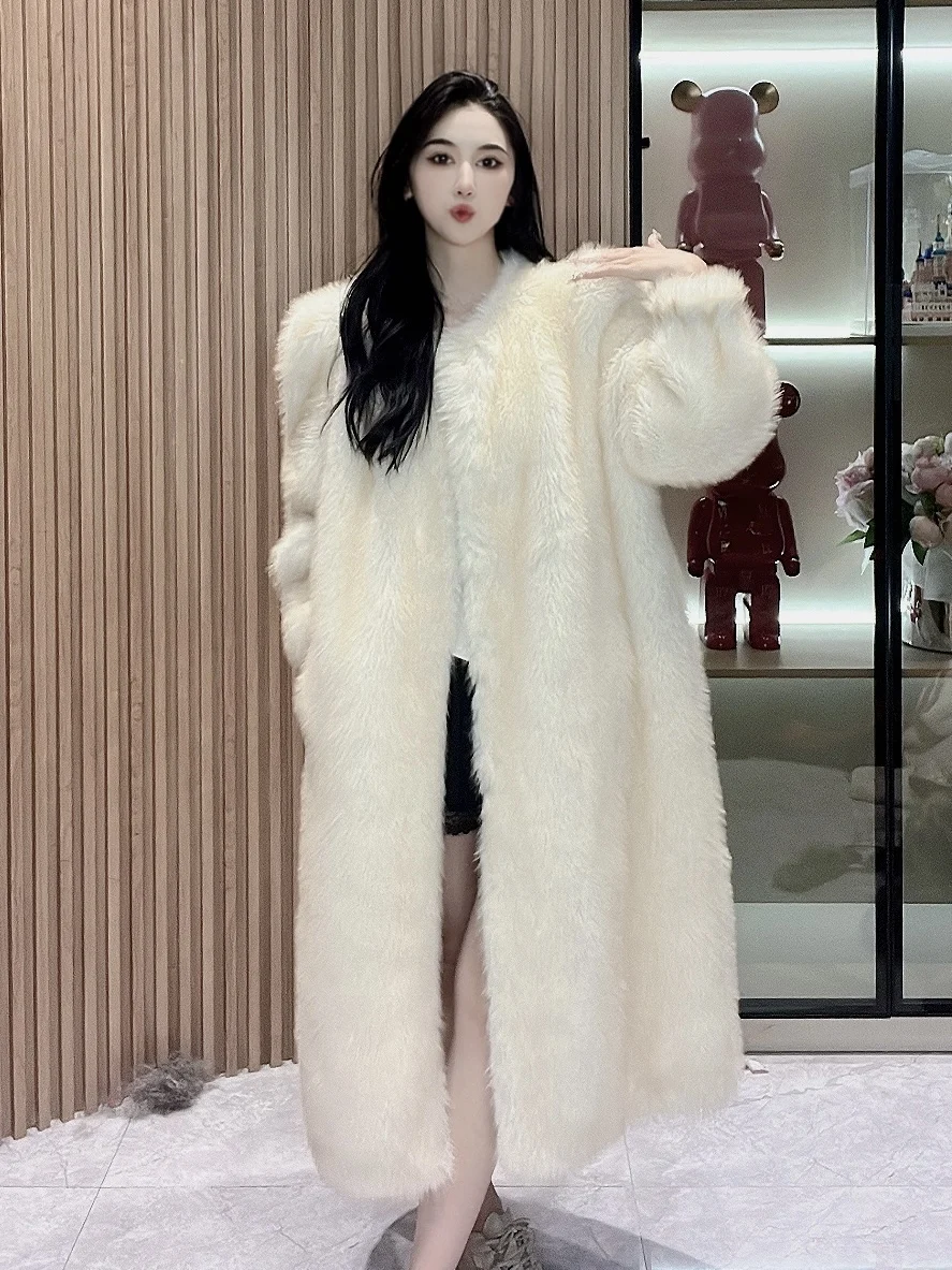 Retro Puff Sleeve Long Furry Coat Female  Round Neck Long-Sleeved Thickened Warm Windbreaker Jacket Winter Coat Women