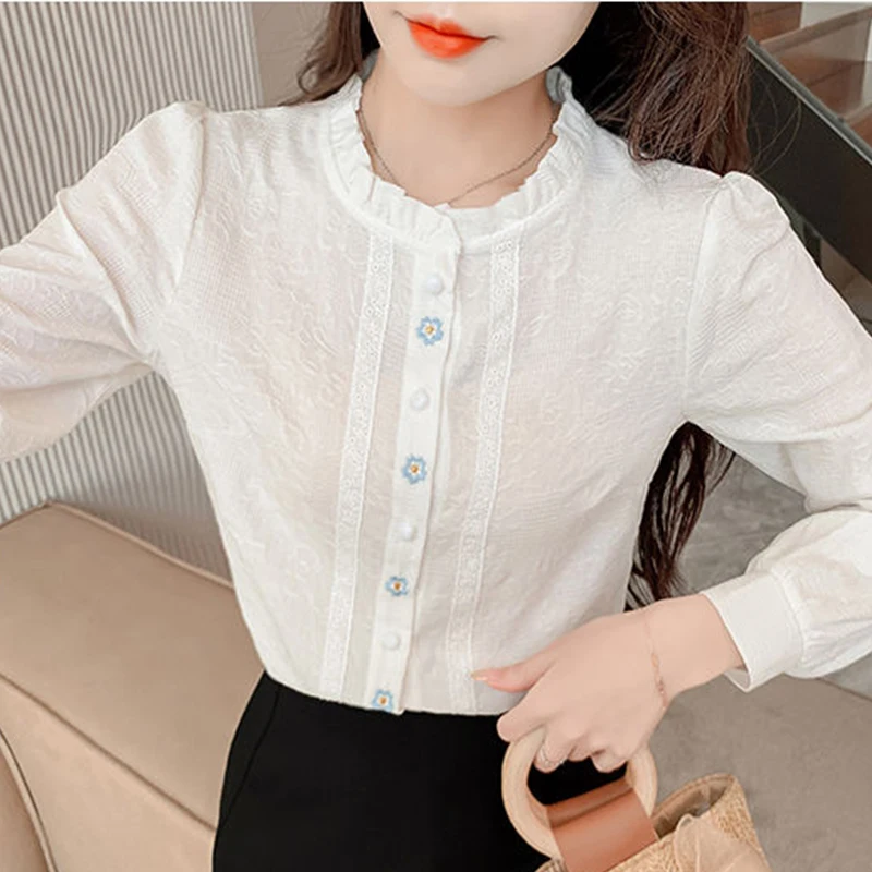 Woman's Embroidery Cotton Long-Sleeved Shirt New Stand Collar Stitching Ruffled Shirts Female Temperament Age-Reducing Thin Top