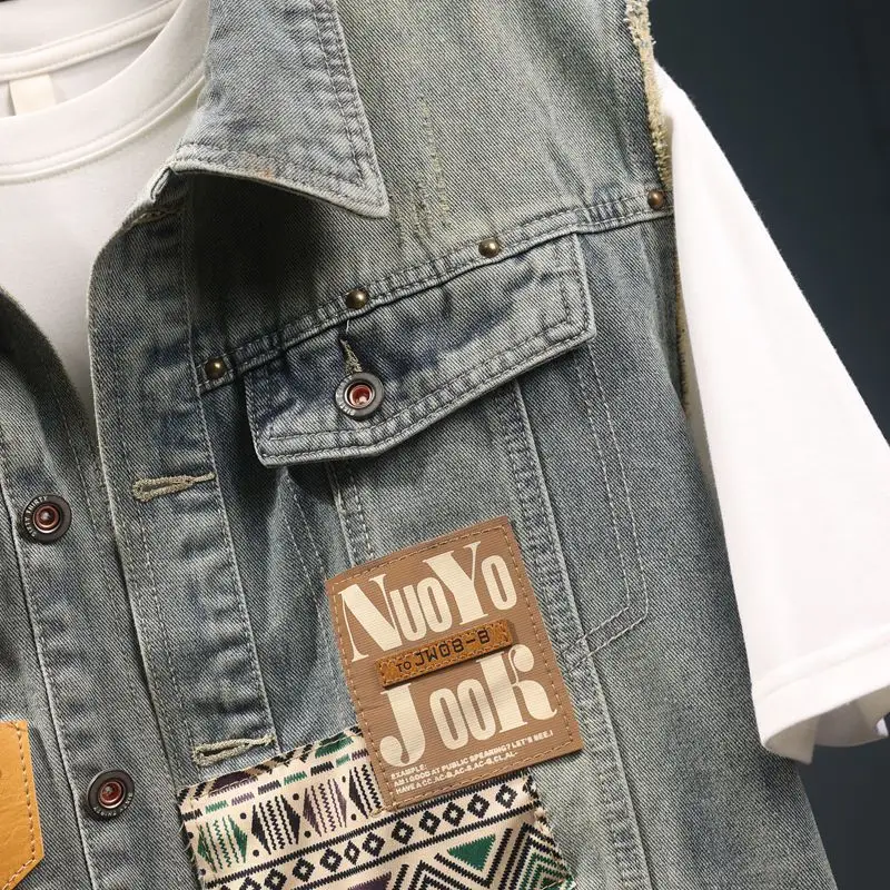 2024 Summer Printed American Washed Denim Vest Man Loose Ruffle Handsome Distressed Sleeveless Casual Retro Nostalgic Coat