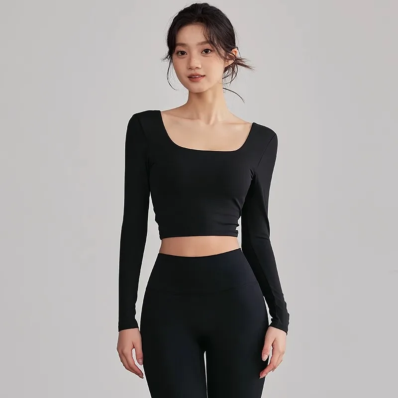 قميص يوجا نسائي بدون ظهر بأكمام طويلة من الخلف، ملابس رياضية للجري والتدريب واللياقة البدنية والبيلاتيس جديد