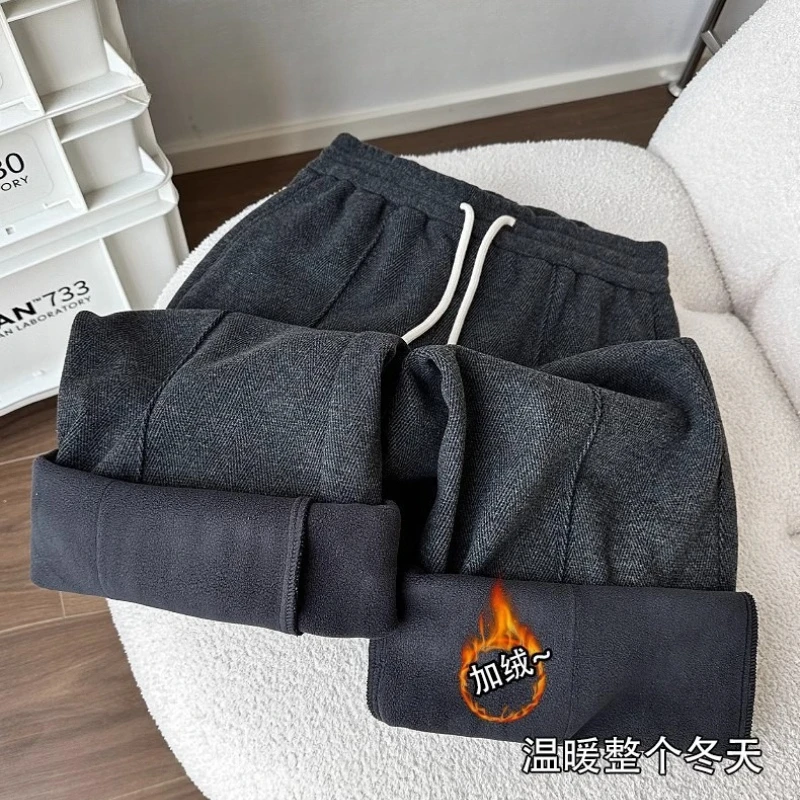 سميكة الدافئة الصوف السراويل للنساء مكتب عالية الخصر عادية مستقيم الساق أفخم زغب بنطال ذو قصة أرجل واسعة الكورية فضفاض السيدات بنطلون