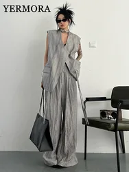 YERMORA Women Gray Two Pieces Set Top Lace-up Texture Wrinkles Vest V-neck Fashion Wide Leg Pants Spring Summer 2026 New A137