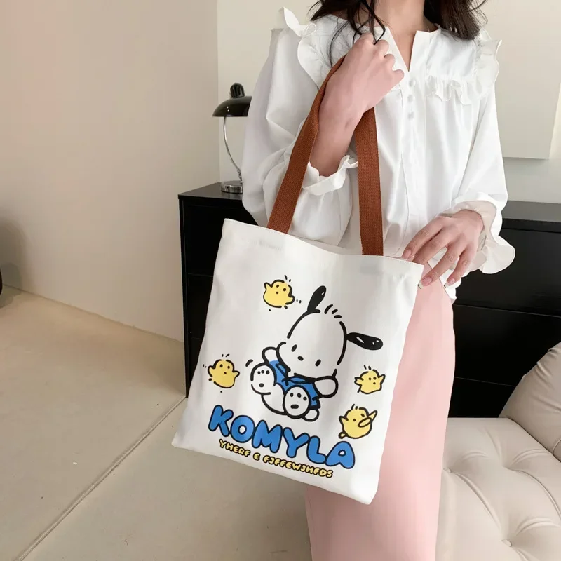 Sanrio Pochacco Large Capacity Shoulder Bags Casual Shopper Bag Tote Canvas Cartoon Print Zipper Ulzzang Handbags Cheap Women