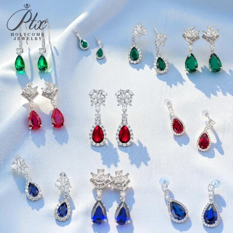 

Lab Grown Gemstone Earrings with 3.4-5.9CT Pear Ruby Sapphire Colombia S925 Multiple Styles Exquisite Long Ear Studs Party Gift