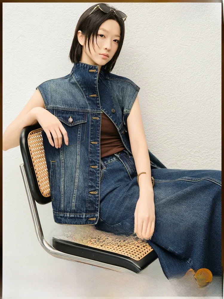 

MeiYang Blue Denim Set Vintage High Waist Jacket And Skirt Combo Casual Loose Fit Long Sleeve Button up Cotton Blend