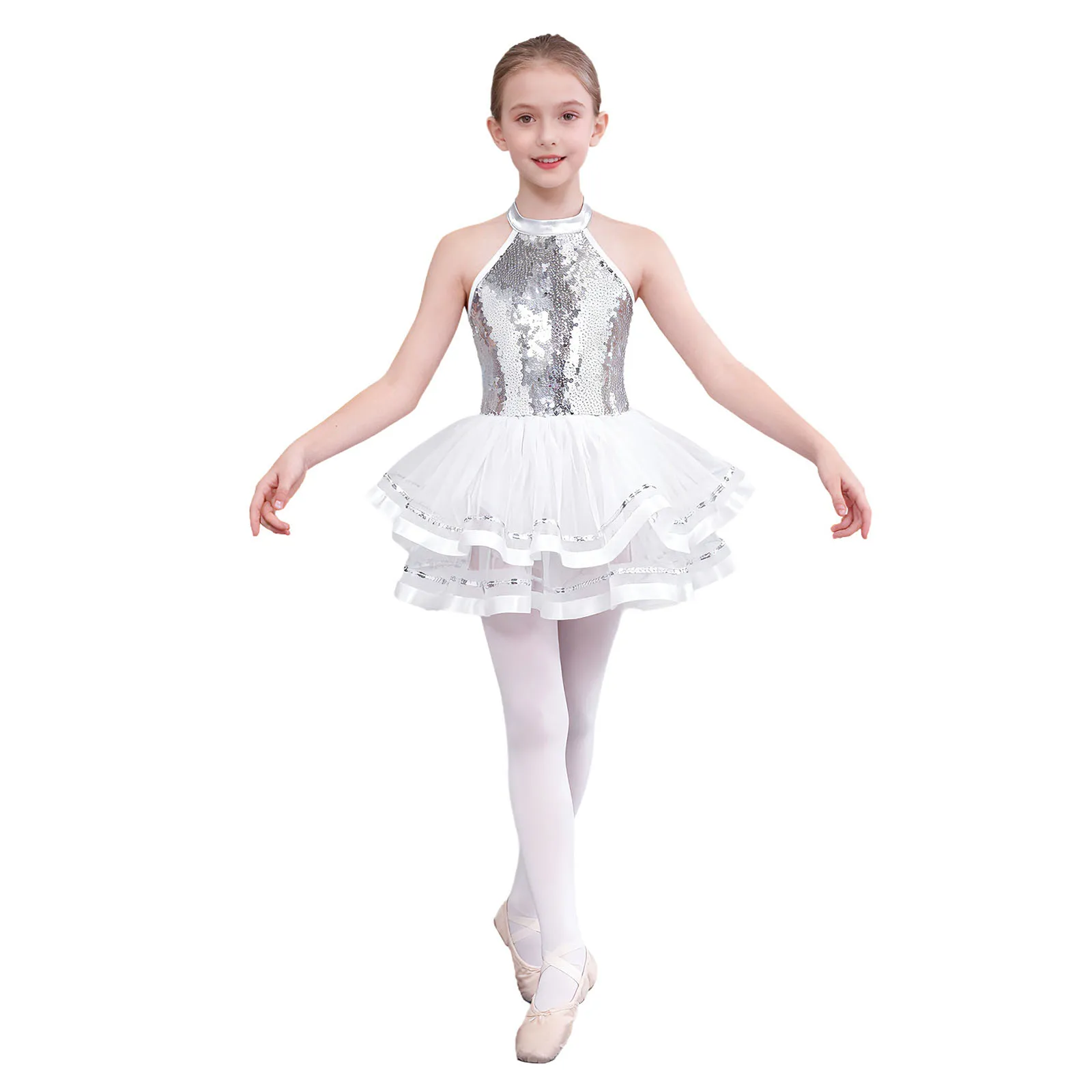 Kids Girls Shiny Sequins Ballet Unitards Jazz Dance Performance Costume Sparkling Sequins Straps Tutu Mesh Dance Skating Dress image 2