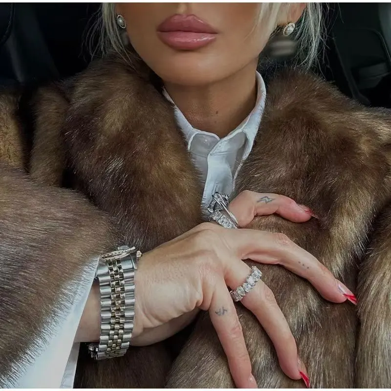 Luxo high-end fofo feminino chique pele do falso longo casaco marrom escuro inverno quente trench coat grosso jaqueta de pele à prova de vento outerwear