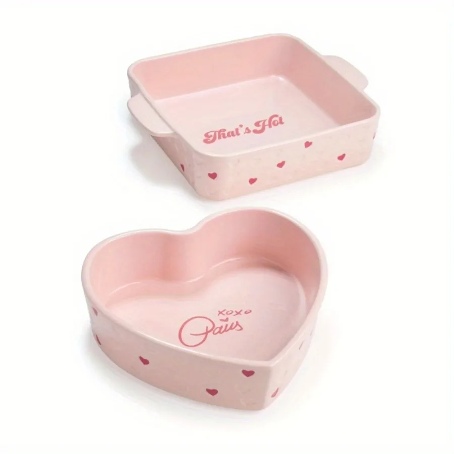 

Two-piece ceramic baking set, Square and heart, Ceramic baking set, Pink