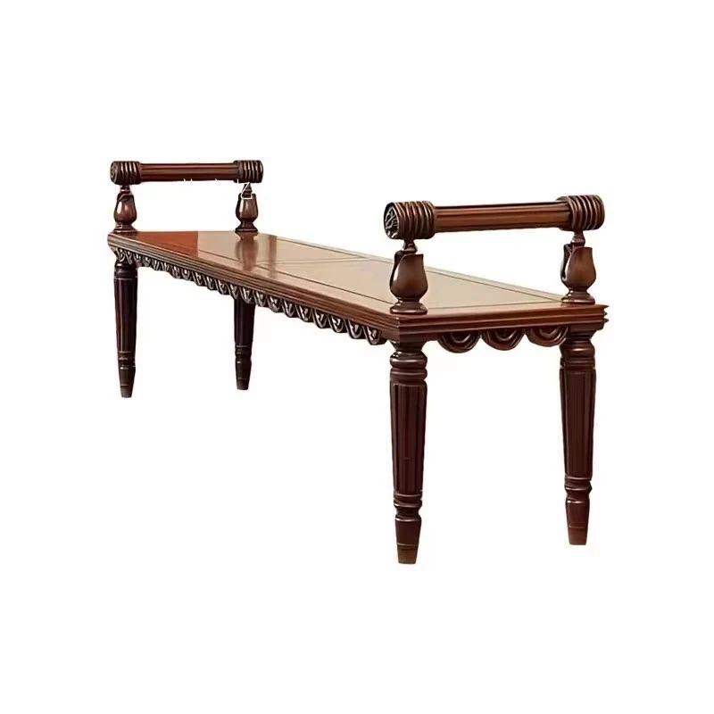 Antique carved solid wood armrest bench, French American country style bedside bench, wabi sabi retro bench