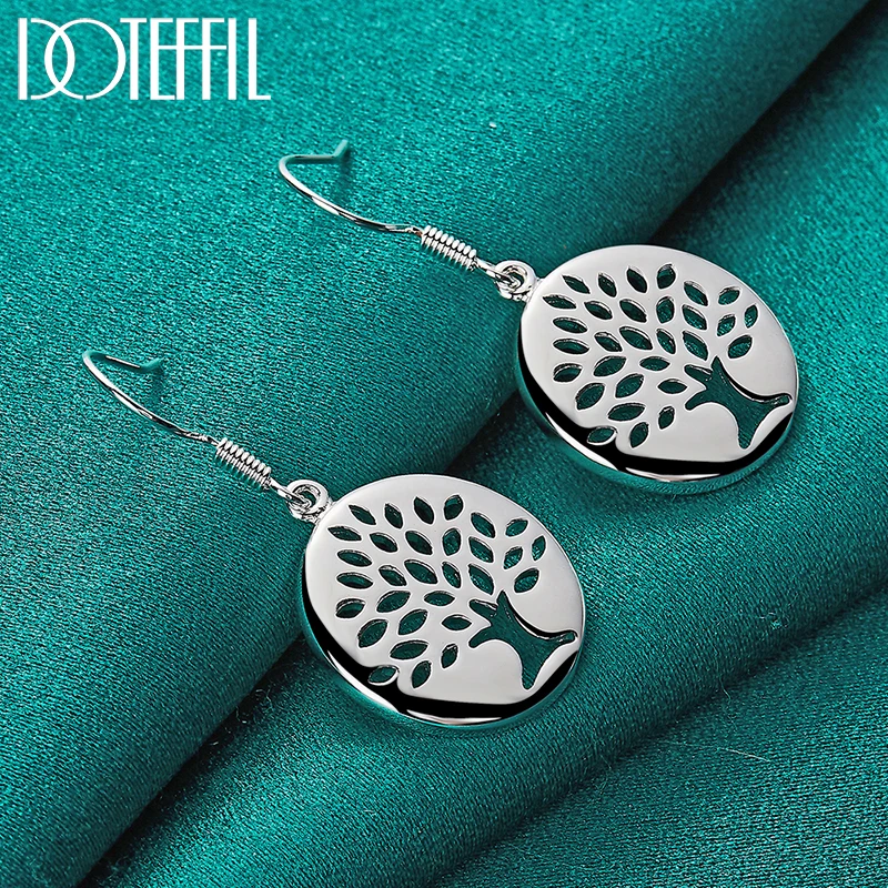 DOTEFFIL 925 Sterling Silver Circle Tree Drop Earring Charm For Woman Jewelry Fashion Wedding Engagement Party Gift