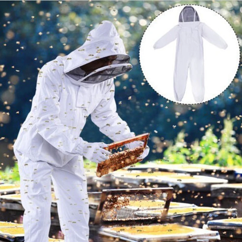 Professional Cotton Full Body Beekeeping Suit with Veil Cover Bee Proof Protection Suit for Beekeepers, White, L, XL, XXL Size