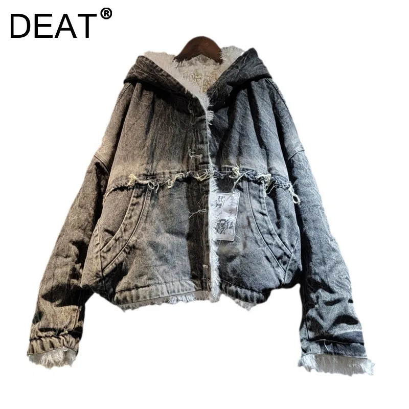 DEAR Women's Denim Coat Patchwork Washed Do Old Lamb Wool Batwing Sleeve Hooded Thick Jackets 2025 Spring Fashion New 29L9116