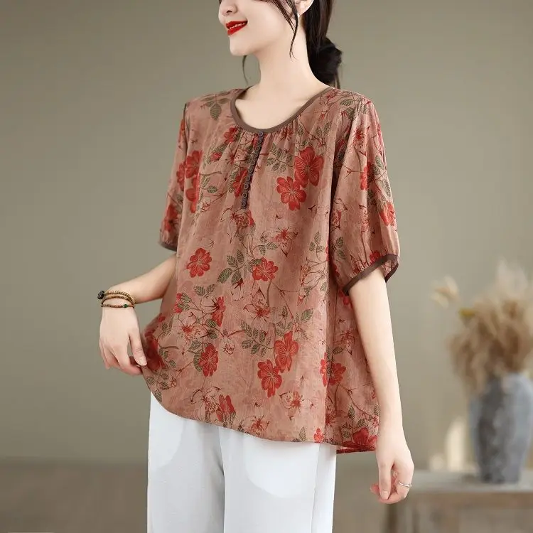 Camicia estiva a maniche corte con pullover a colori stampati sottili T-shirt artistica retrò in cotone e lino a bolle larghe