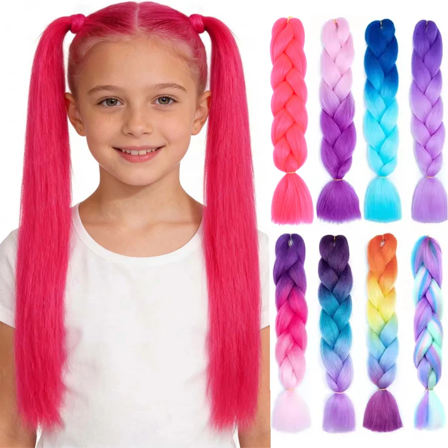 24Inch Synthetic Long Straight Yaki Braids Hair Ombre Braiding Hair Jumbo Rainbow Braid Hair Extension for Women DIY Hair
