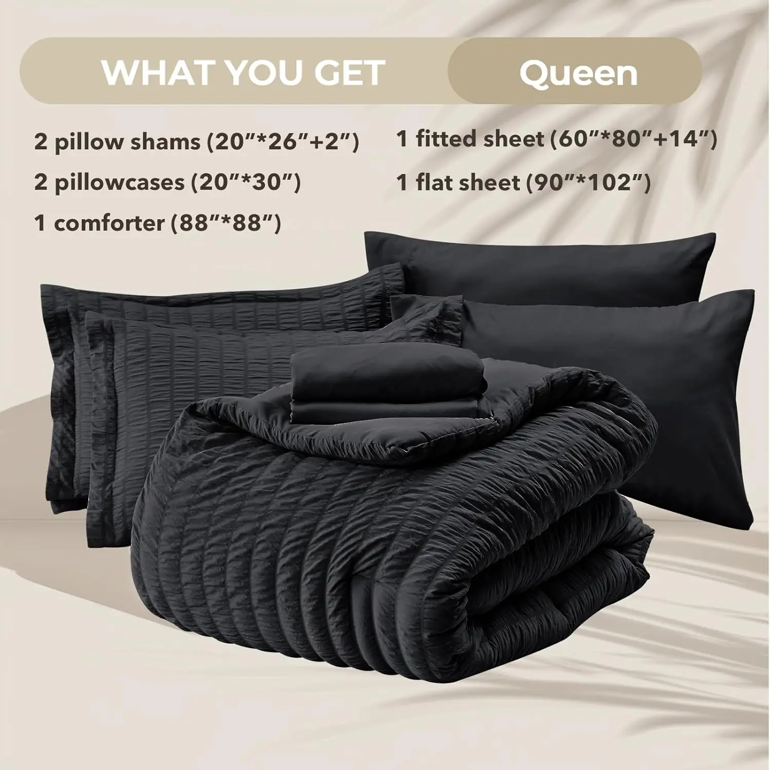 Black Queen Bettdecken-Set Seersucker 7-teilig, ganzjähriges Luxusbett in einer Tasche für Schlafzimmer, Bettwäsche-Set mit Bettdecken, Bettwäsche