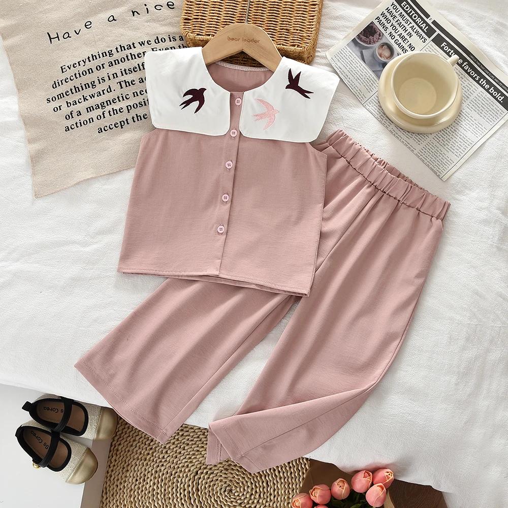 3-7 Years Old Sweet Pink Girls' Summer Clothing Collar Cartoon Bird Embroidery Vest and Pants Korean Version Sets for Children