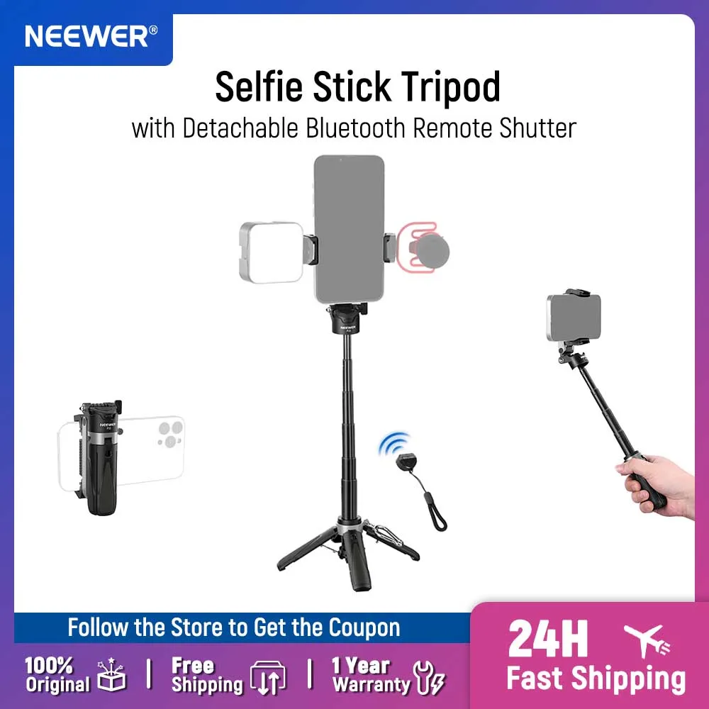 

NEEWER Selfie Stick with Detachable Bluetooth Remote Shutter Lightweight Foldable Travel Tripod for iPhone 360° Phone Holder