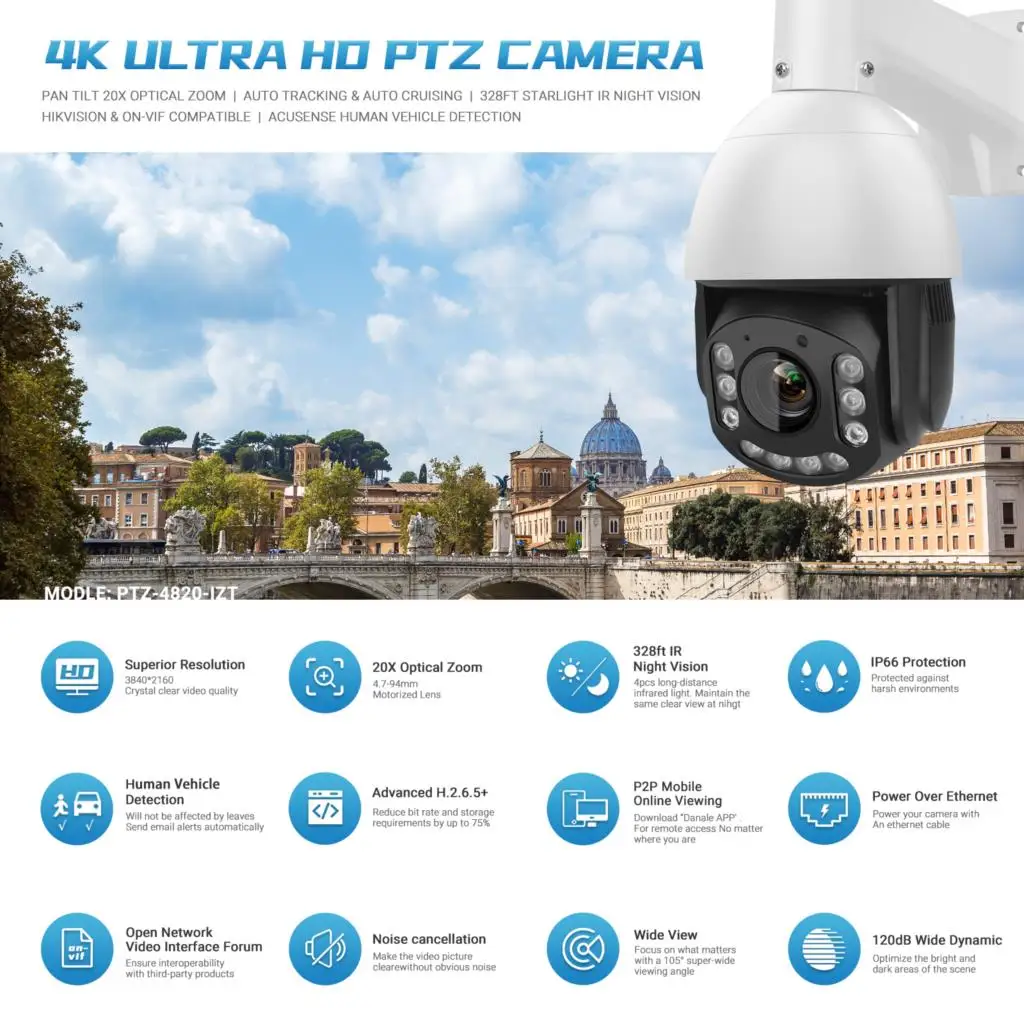 Hikvision Compatible 8MP PTZ Camera 4K Speed Dome 20X Zoom PoE Human Vehicle Detection Build in MIC Speaker Video Surveillance