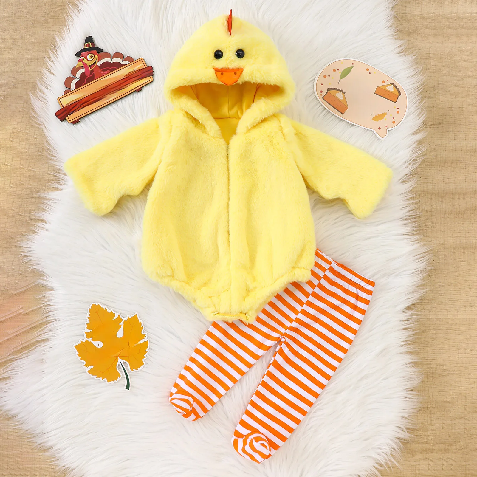 

2pcs Preemie Cute Clothes Girl Fashion Halloween Thanksgiving Arrival Chicken Hooded Romper With Long Sleeves Footed Pants Sets