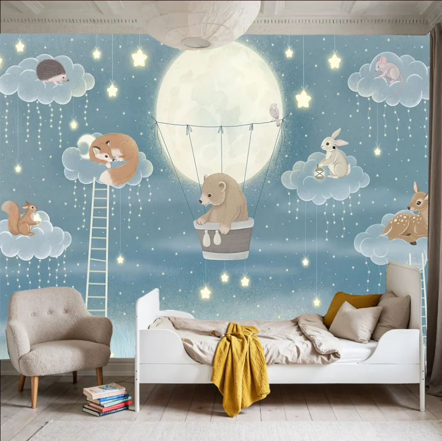 Customized Cartoon Balloon Animal Mural Home Decoration Princess Room Boy Room Pink and Blue Mural Kindergarten animal wallpaper