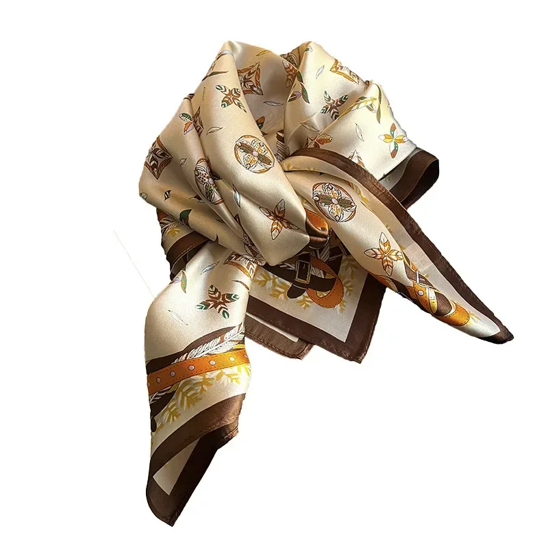 Khaki Feather Selling New 70 Square Scarf Fashion Style Silk Scarf Imitation Silk Square Scarf All Matching Thin Scarf