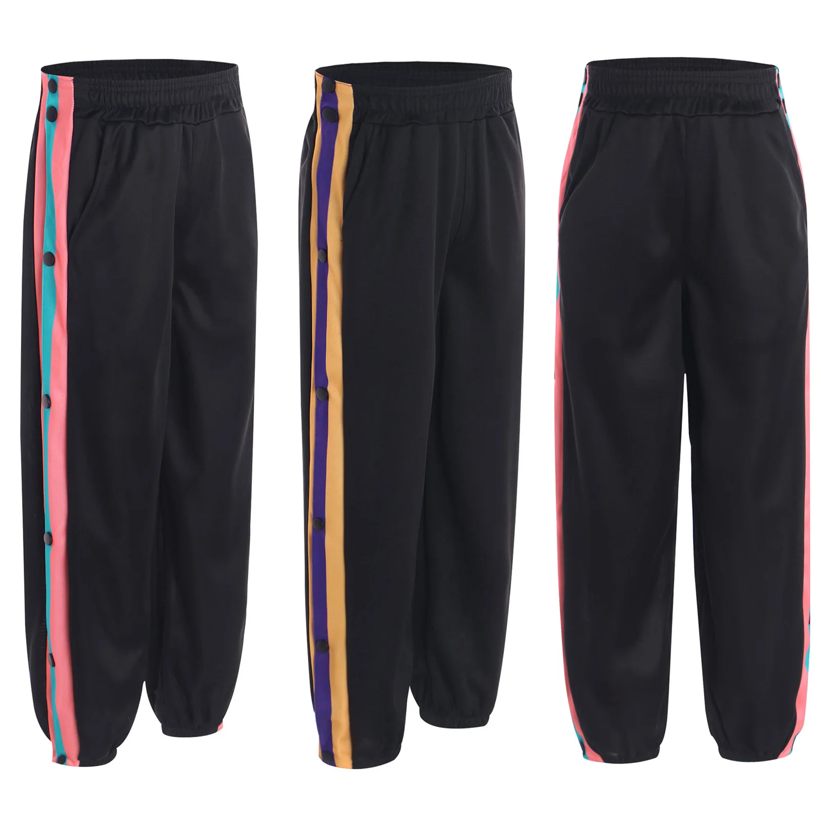 Kids Boys Basketball Pants Side Split Buttons Color Block Pants Elastic Waistband Sweatpants for Sports Workout Running Fitness