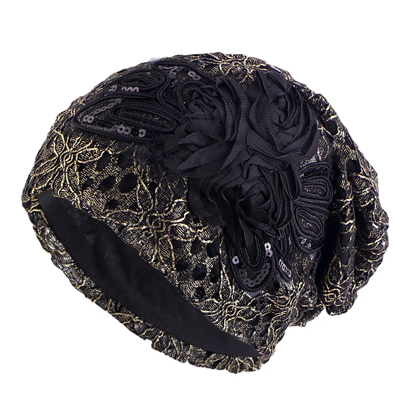 Thin Lace Turban Caps Pullover Hat For Women Muslim Beanie Sequins Flower Headscarf Bonnet Lady Hair Loss Cancer Chemo Hats