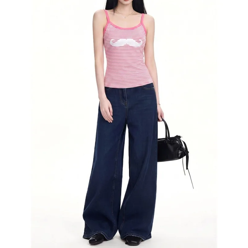 Ins Sweet Cool Street Tank Top Women Summer Y2K Pink Striped White Beard Print Versatile Sleeveless Top