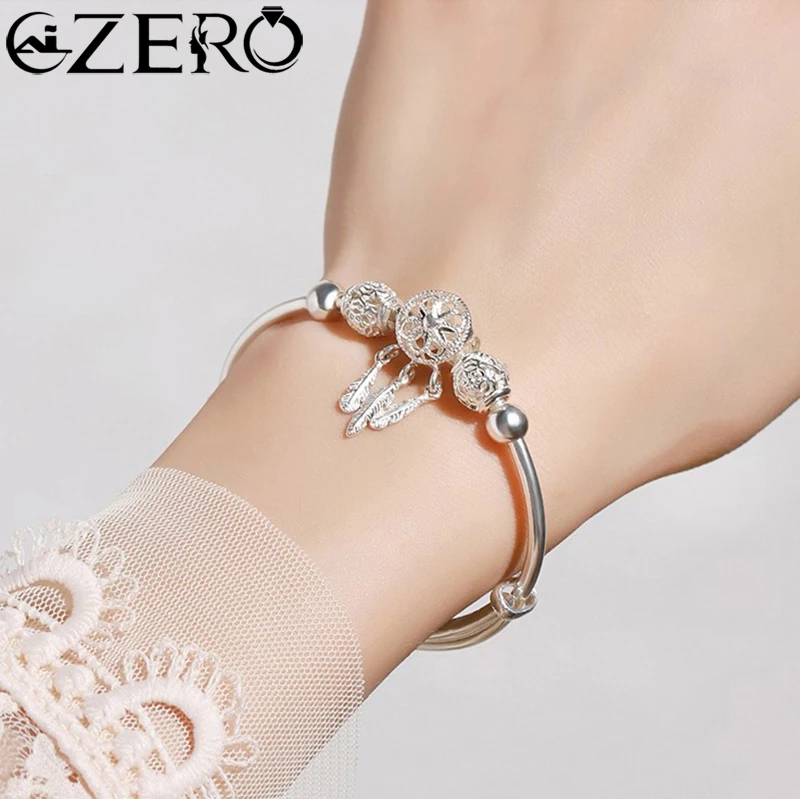 925 Sterling Silver Dreamcatcher Tassel Feather Lucky Bead Bracelet Bangle for Women Fashion Original Party Wedding Jewelry Gift