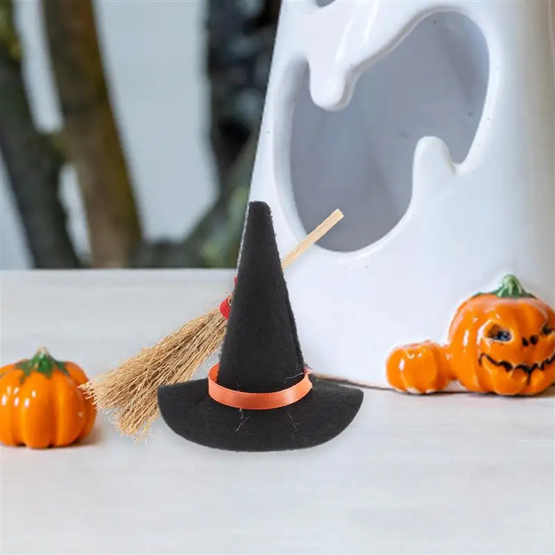 Mini Witch Hat and Brooms Kit, Halloween Party Cosplay Props, Cena da Casa, Decoração de Layout, Miniatura, 12Pcs