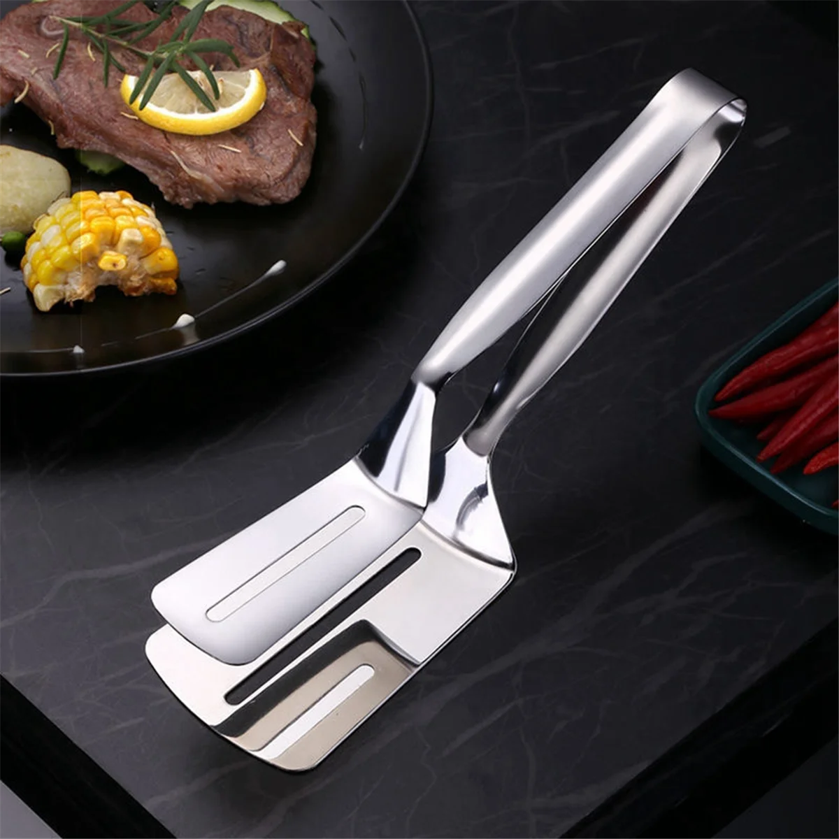 Stainless Steel Double-Sided Shovel Clip, Stainless Steel Spatula Kitchen Tongs,Grill Clamp Flipping Spatula Clip HOT