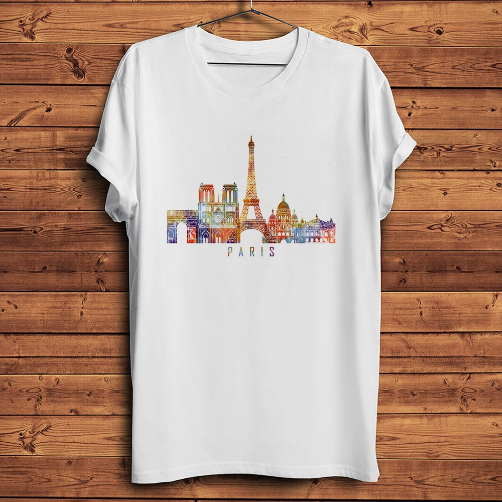 Watercolor France Paris Landmarks Funny T-Shirt Men White Casual O-neck Homme Cool Short Sleeve Tshirt,Unisex Tee Breathable