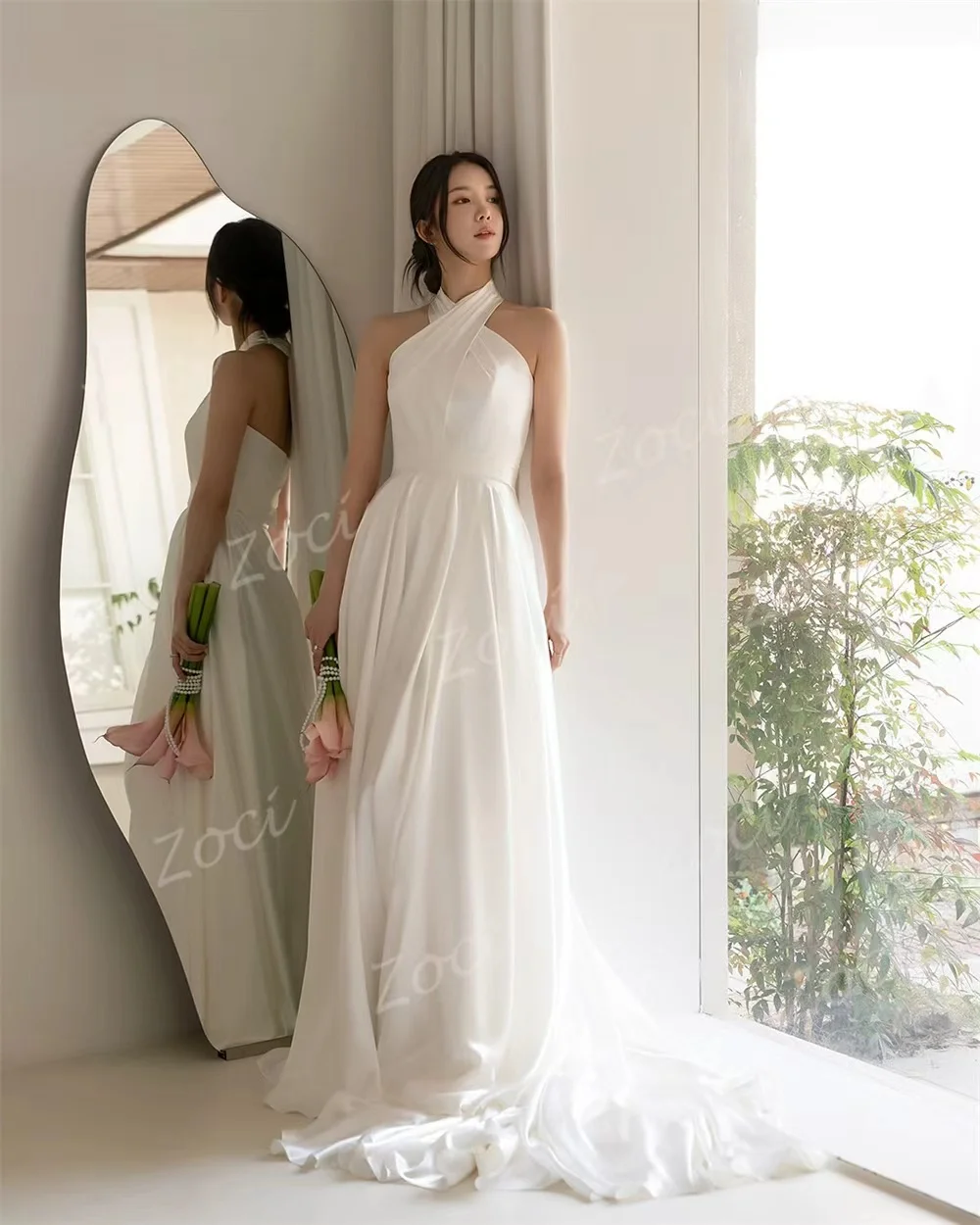 Zoci Modern Criss Cross Silk Satin Korea Wedding Dresses Corset Sleeveless A Line Bride Wedding Party Gown Customized