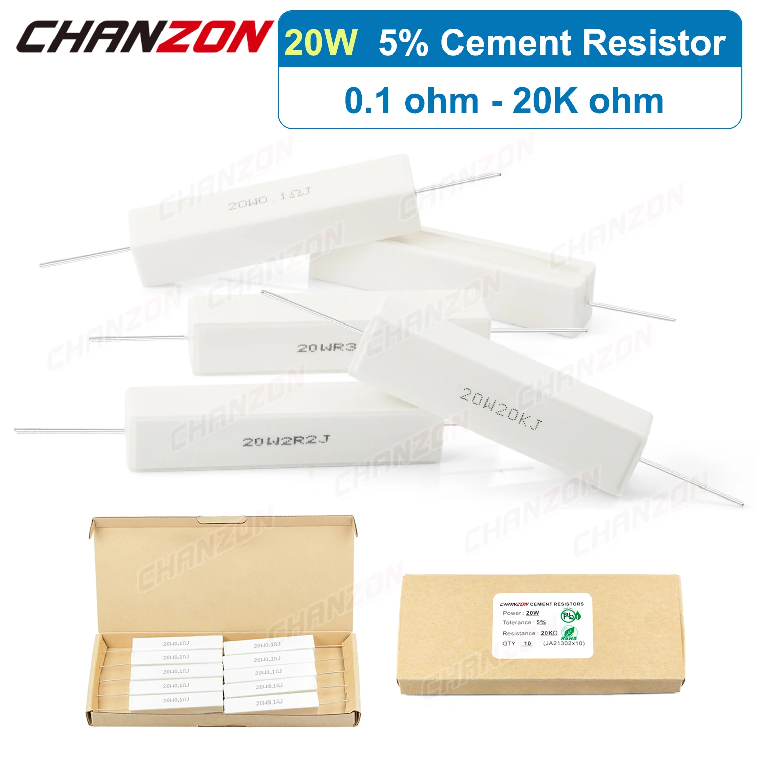 

10 Pcs 20W Cement Resistor 1 2.2 2.5 10 15 51 20K ohm 20 Kohm Ceramic Wirewound Resistors SQP20W 20Watt 2R2 10R Fixed Resistance