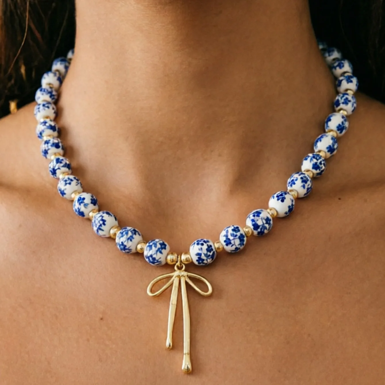 Tocona Ethnic Style Ceramic Bead Chain Imitation Bow Pendant Necklace Women's Daily Gathering Jewelry Accessories