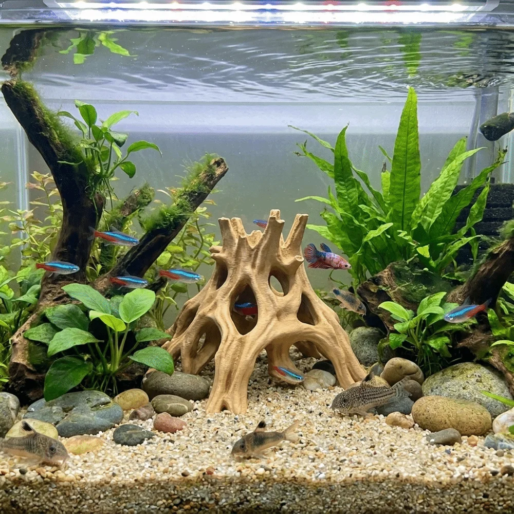 Tree Trunk Fish Shrimp Hiding Cave Plastic Unique Driftwood Landscape Multi-Hole 3D Printed Aquarium Fish Shelter