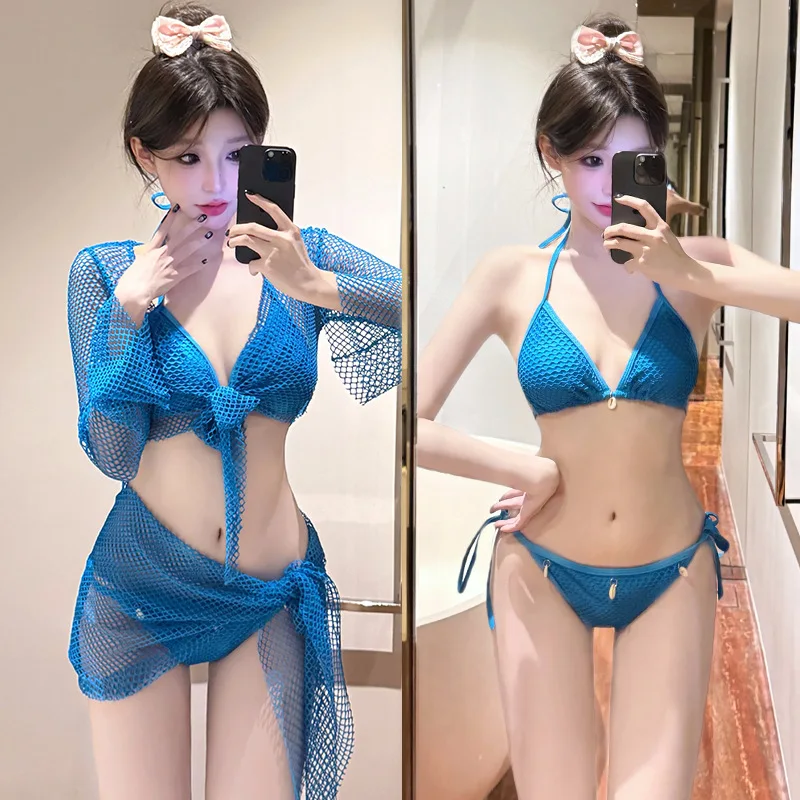 

Купальник-бикини, женский разделенный комплект из четырех предметов с длинными рукавами, однотонный сексуальный сетчатый купальник Spice Girl, горячий весенний купальник для отдыха