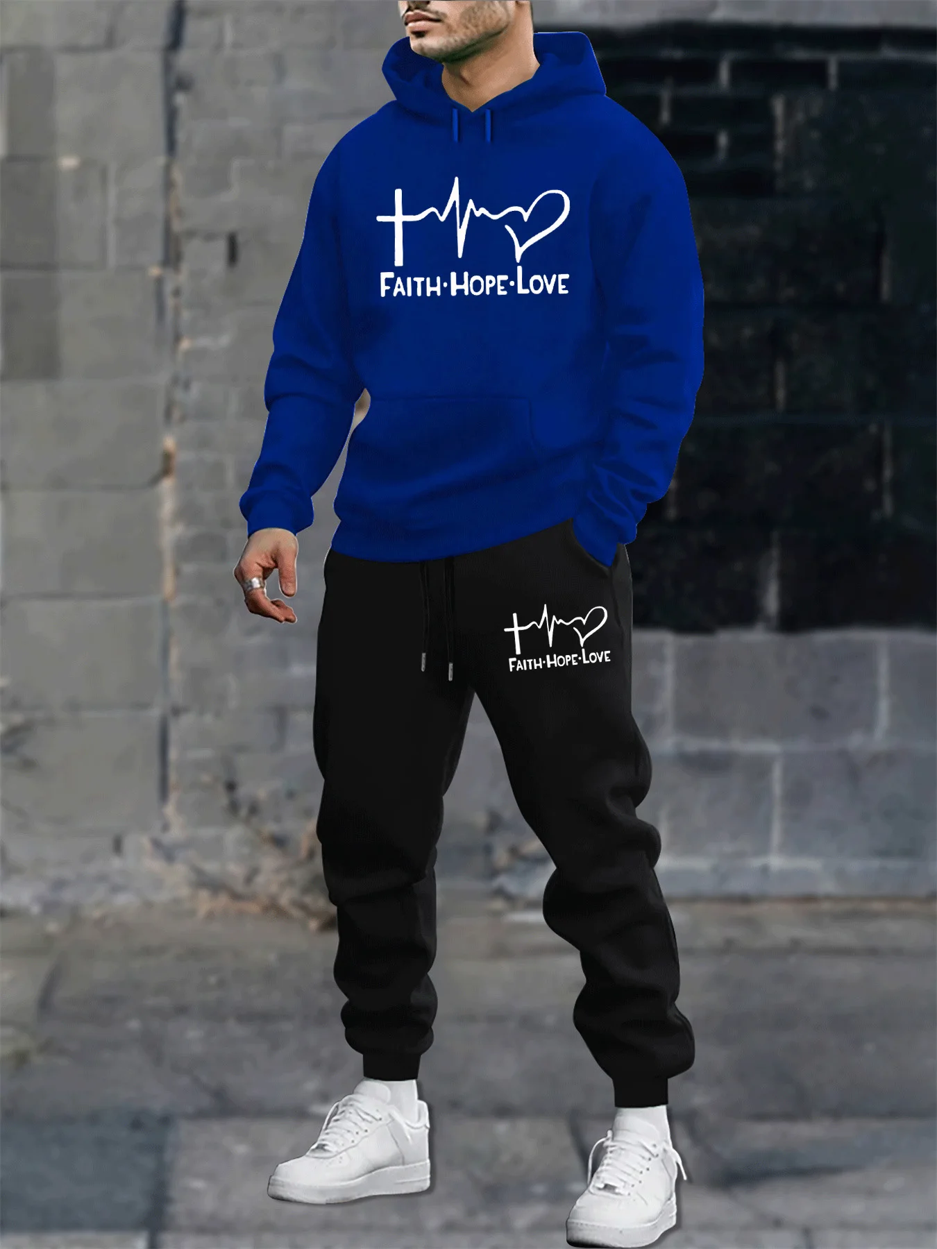 

Men's autumn and winter casual fashion warm FAITH HOPE LOVE printed loose plush thick hooded sweatshirt+sweatpants set